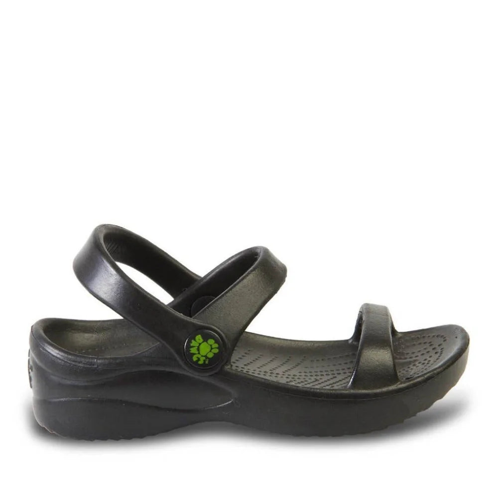 Black Crocs kids 3-strap sandals with green logo, air dry clean with soft cloth