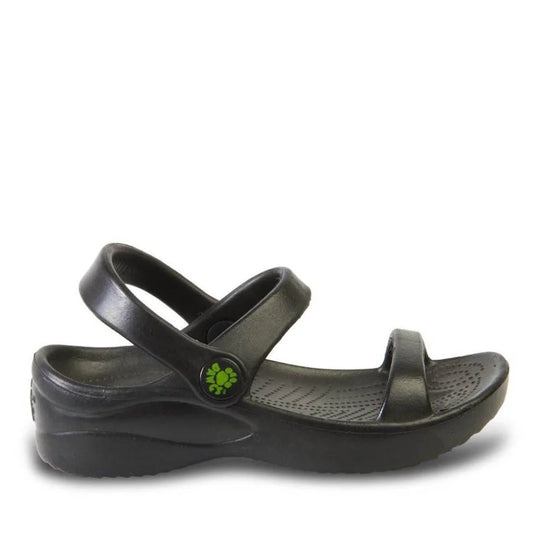 Black Crocs kids 3-strap sandals with green logo, air dry clean with soft cloth