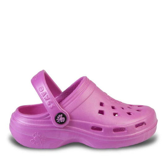 Vibrant neon pink Kids Beach DAWGS clog with strap and buckle