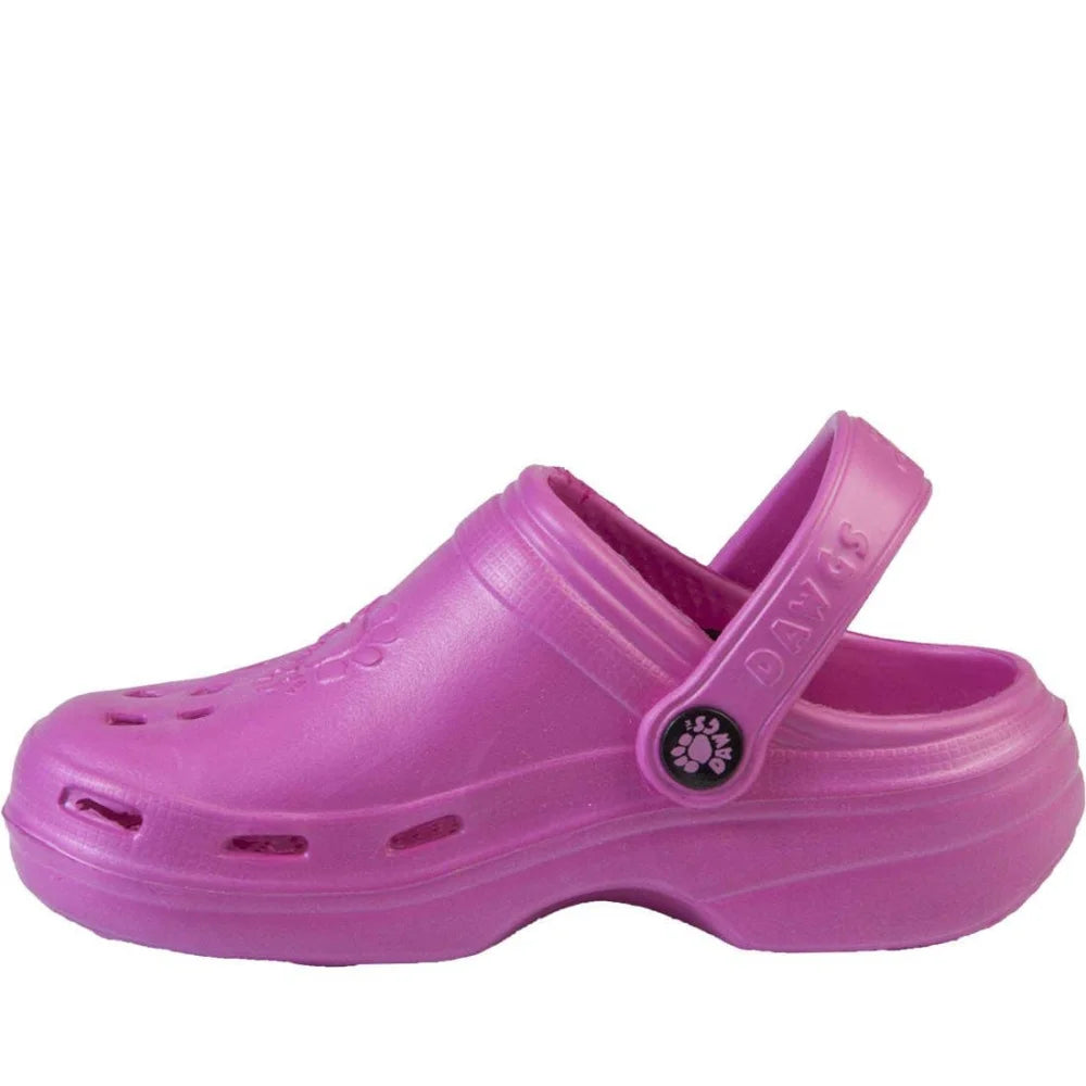Neon pink Kids Beach DAWGS clogs with strap and buckle