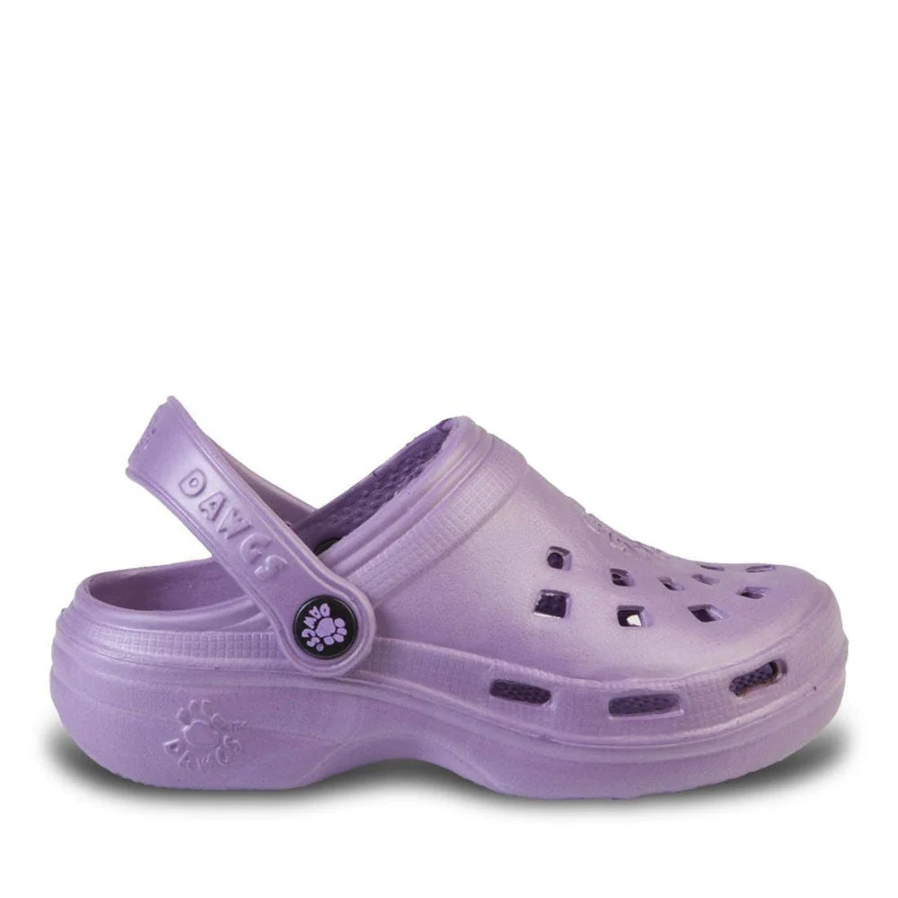 Cute kids beach DAWGS lavender croc sandal with floral strap
