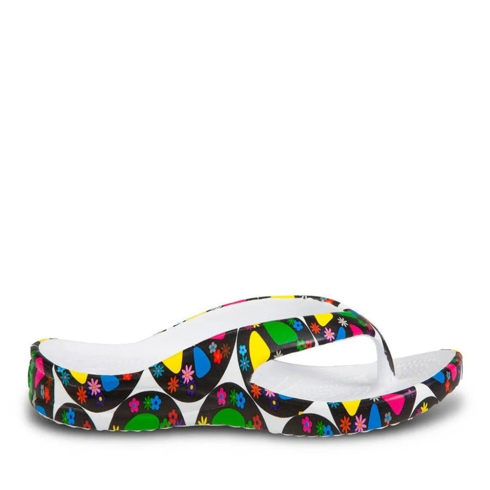 Colorful kids flip flops with floral geometric strap pattern