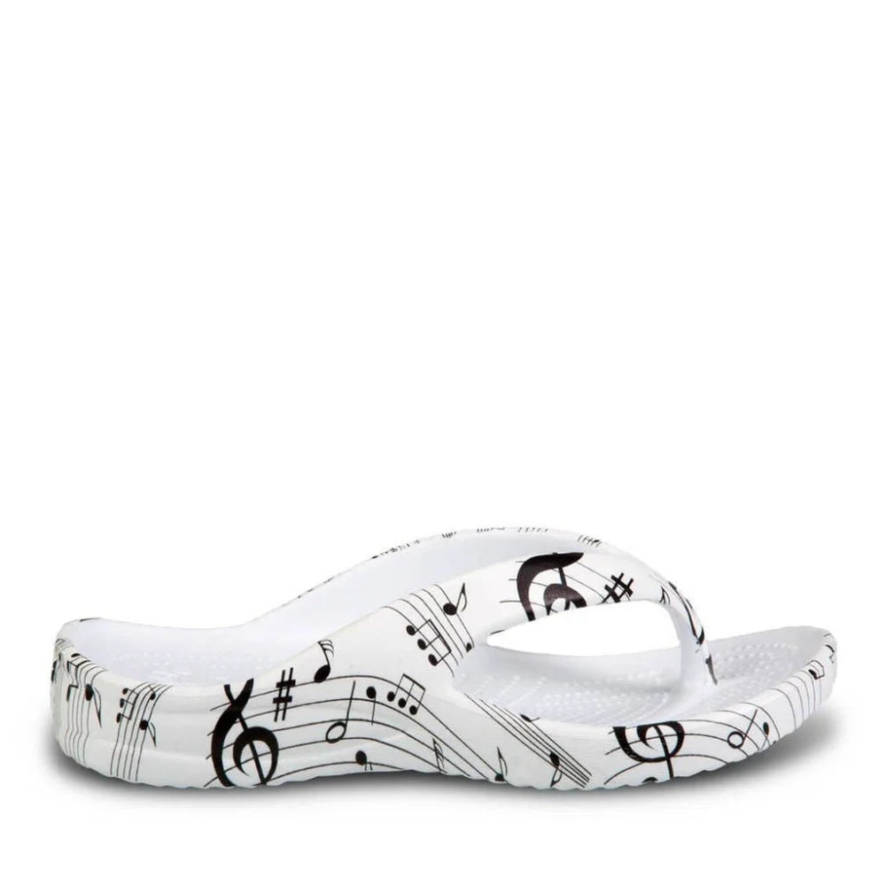 Cute white kids flip flops with black musical notes on rubber