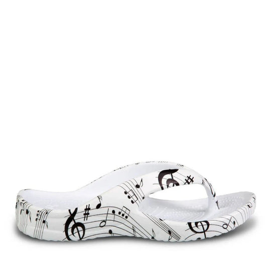 Cute white kids flip flops with black musical notes on rubber