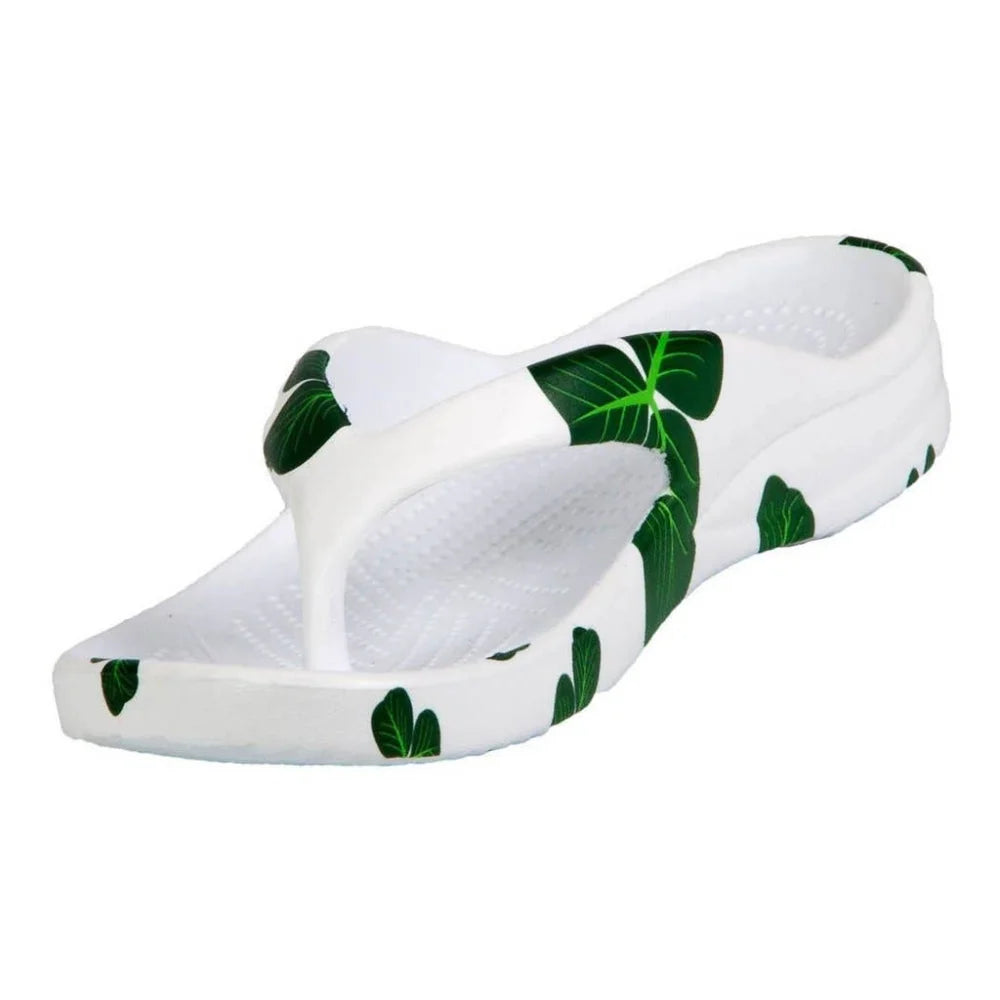 Cute white and green leaf print kids flip flops with rubber sole