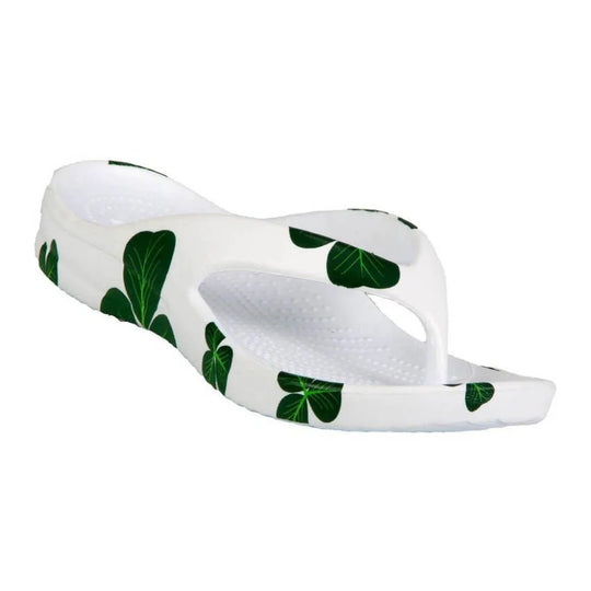 Cute white and green leaf kids flip flops with textured sole