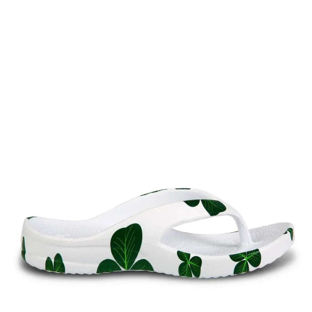 Cute white and green leaf print kids flip flops with rubber sole