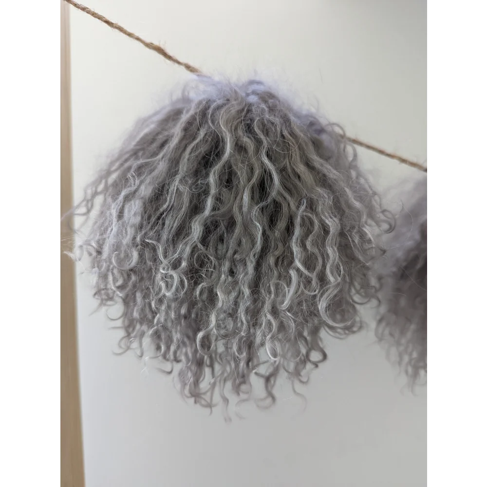 Gray curly hair wig with mushroom sheepskin pom poms