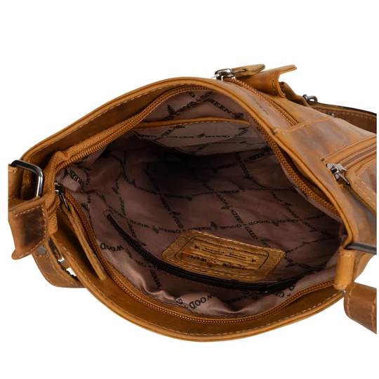 Compact real leather Lucy LD007 cross body bag tan exterior brown lining