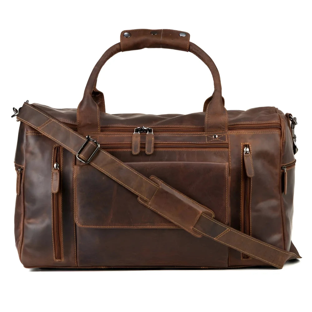 Brown leather weekender bag with detachable shoulder strap casual vintage