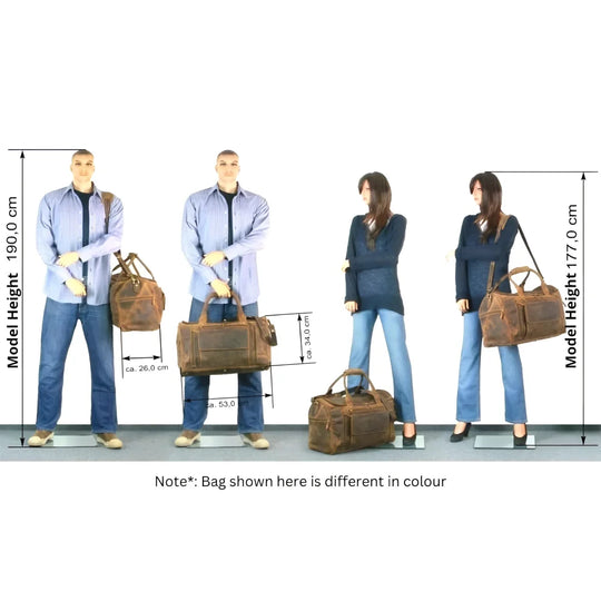 Large leather weekender bag with brown duffel design, top handles and shoulder strap