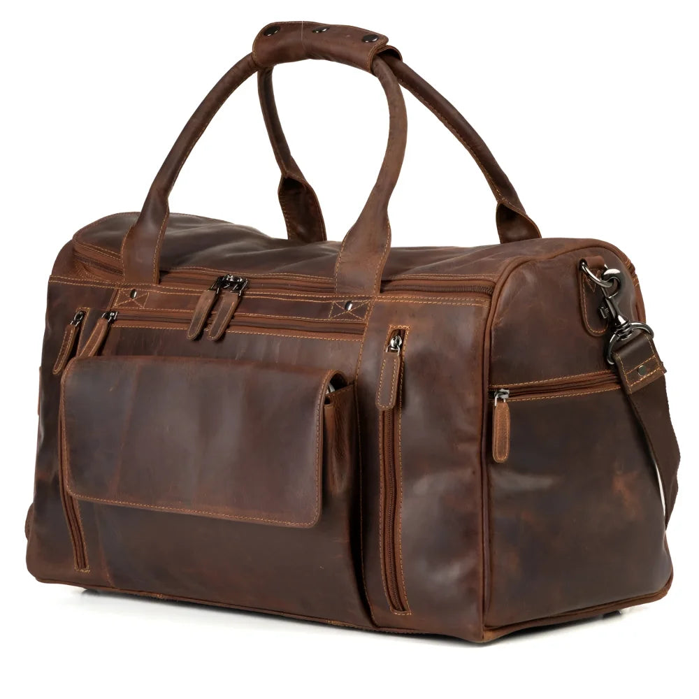 Brown leather weekender bag with zippers, handle, large main compartment