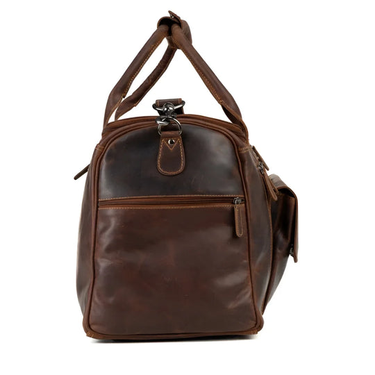 Large leather weekender bag with distressed brown finish, vintage stitching