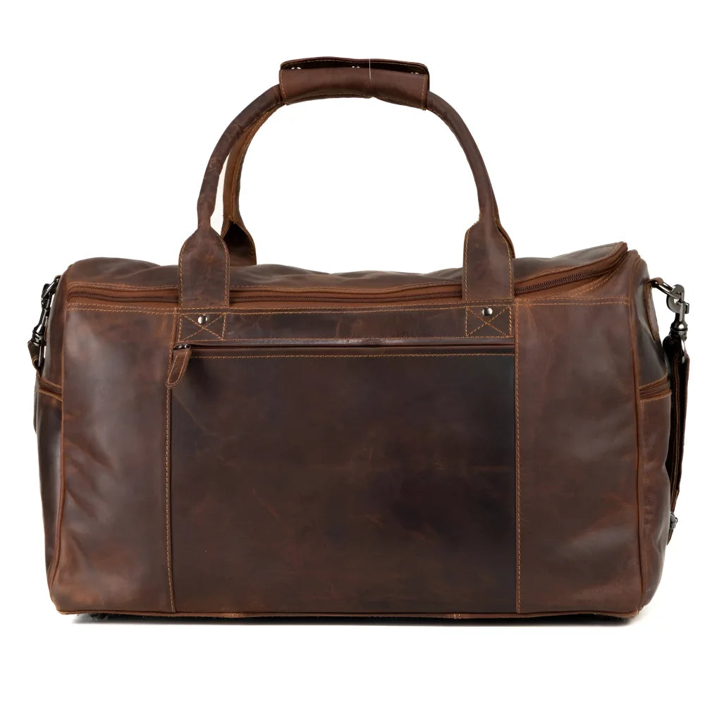 Large leather weekender bag with sturdy handles, front zip pocket, big main compartment