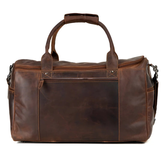 Large leather weekender bag with sturdy handles, front zip pocket, big main compartment
