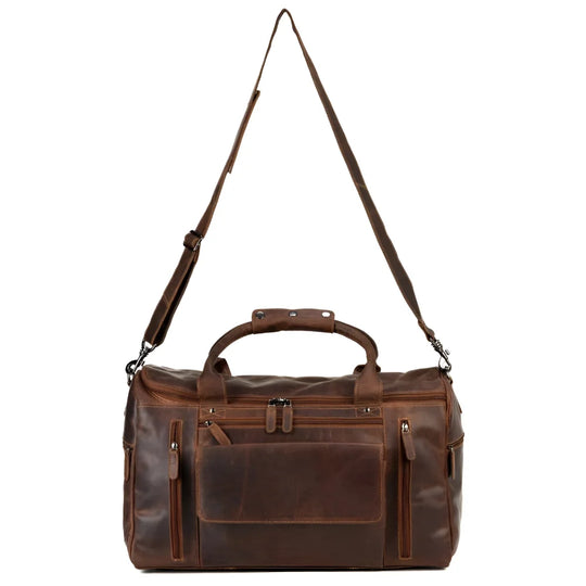 Large leather weekender bag with shoulder strap, zippers, casual vintage look