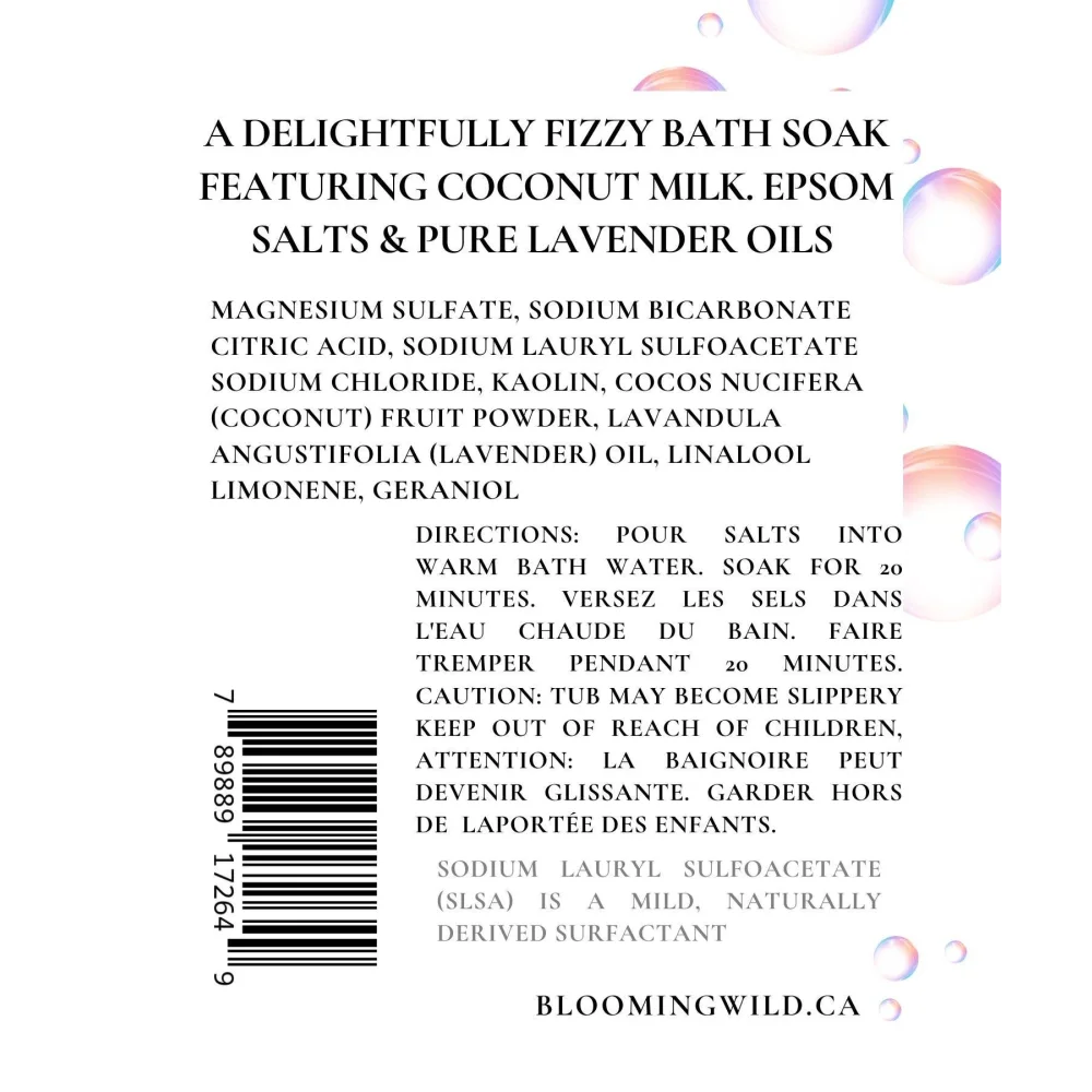 Lavender foaming bath soak sachet with coconut milk epsom salts and lavender oils for a relaxing fizzy bath soak by angus oliver