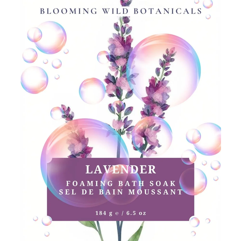 Lavender foaming bath soak sachet in a purple package with watercolor lavender sprigs by angus oliver