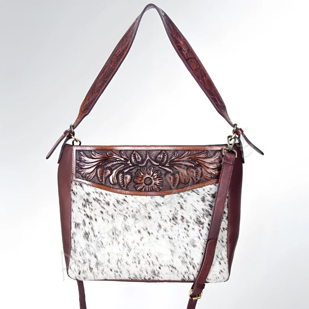 Genuine leather brown crossbody bag with cowhide panel, Angus Oliver Canada