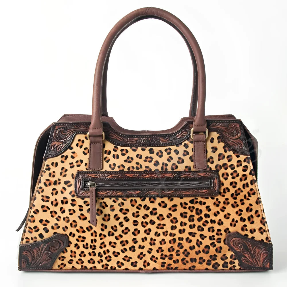 Genuine leather leopard-print handbag with brown handles, Angus Oliver Canada