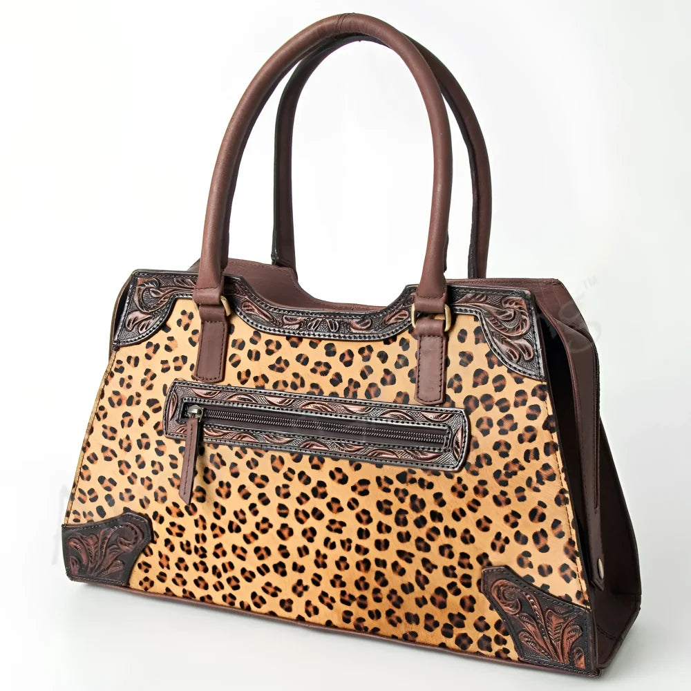 Genuine leather leopard-print handbag with brown handles, Angus Oliver Canada