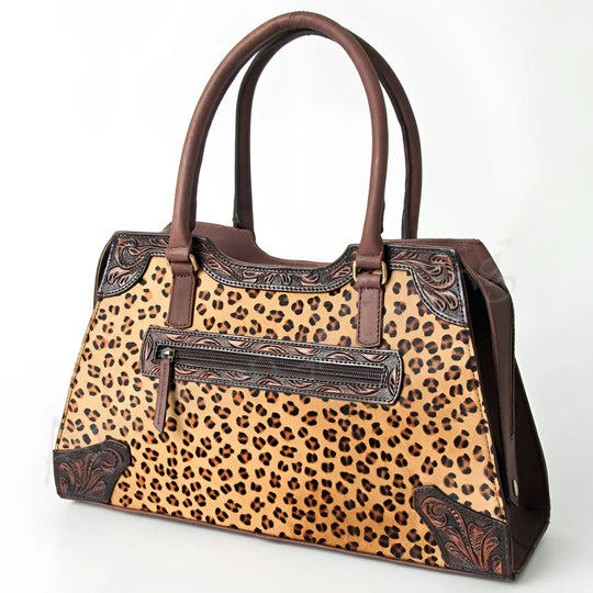 Genuine leather leopard-print handbag with brown handles, Angus Oliver Canada