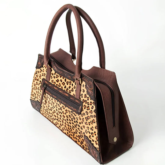 Genuine leather brown handbag with leopard panels, Angus Oliver Canada