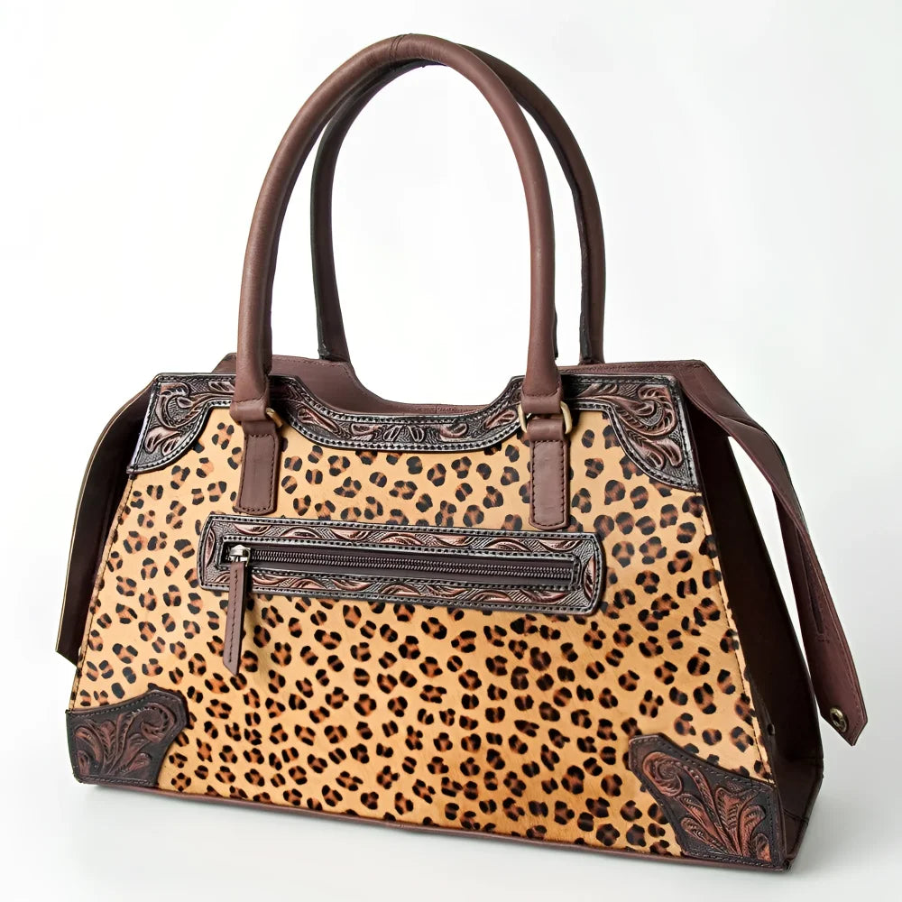 Genuine leather leopard-print handbag with brown handles by Angus Oliver Canada