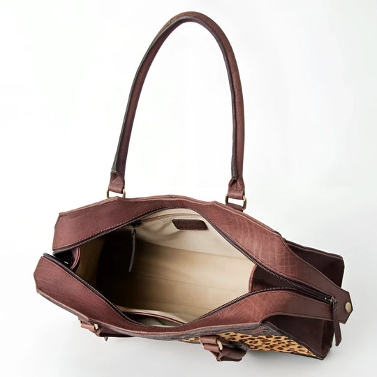 Genuine leather brown croc handbag with leopard accents by Angus Oliver Canada