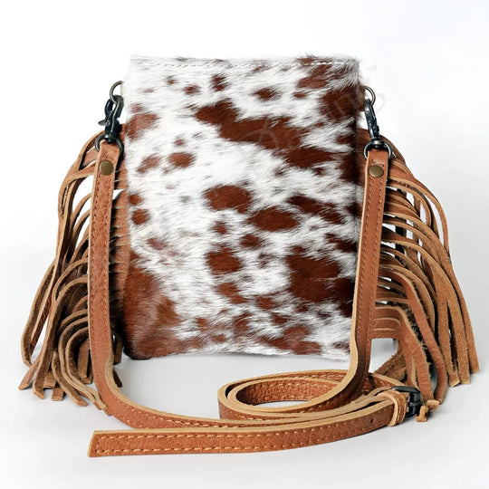 Brown white cowhide LC-ADBGS153 Chaps bag with tan fringe by American Darling