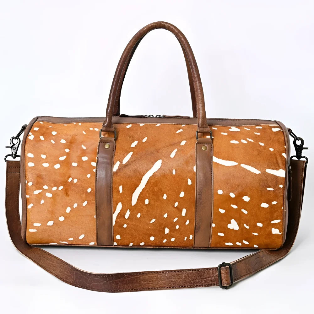 Tan American Darling genuine leather deer-print duffel bag