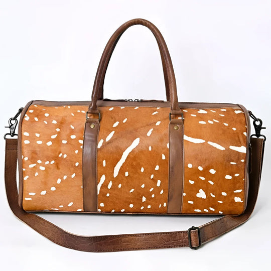 Tan American Darling genuine leather deer-print duffel bag