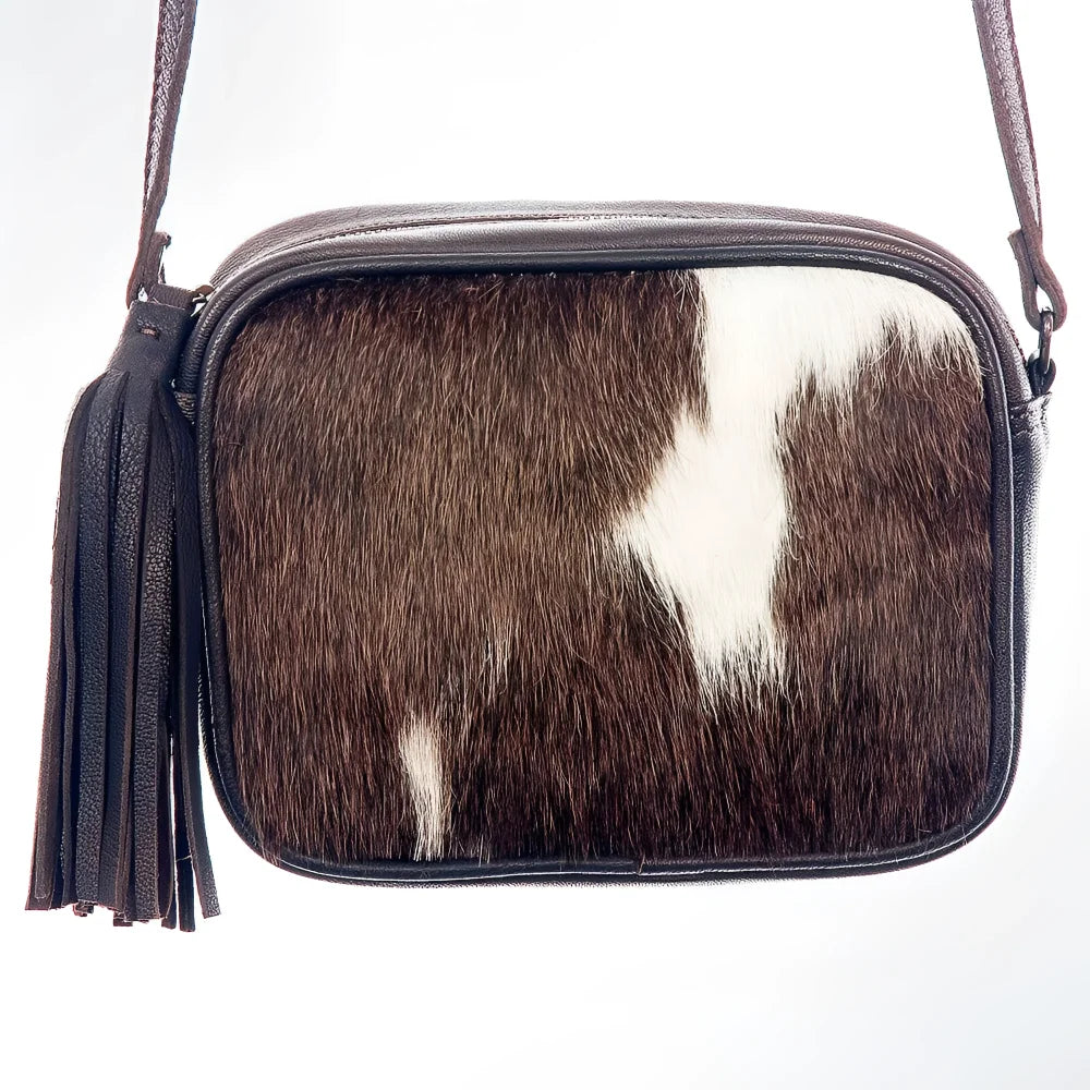 Brown and white real hair-on cowhide crossbody bag with black trim