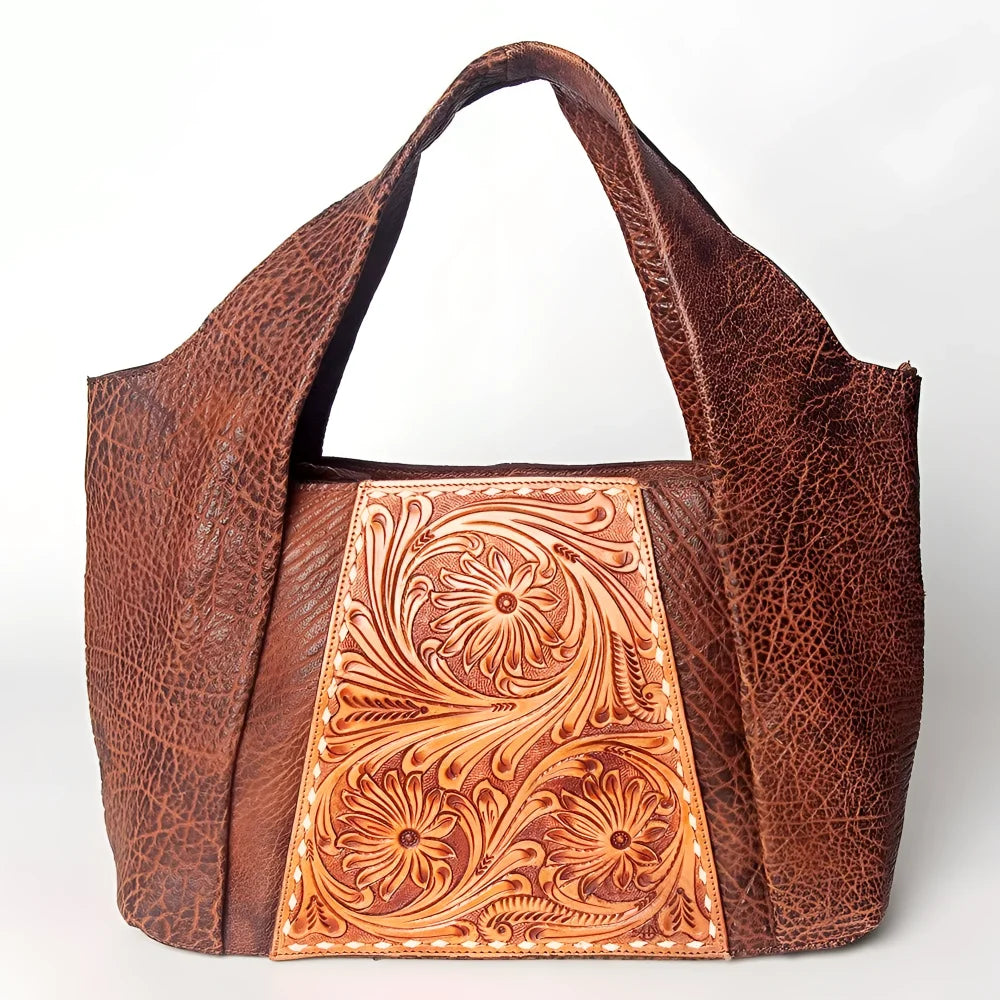 Genuine leather brown tote bag with floral tooling, Angus Oliver Canada