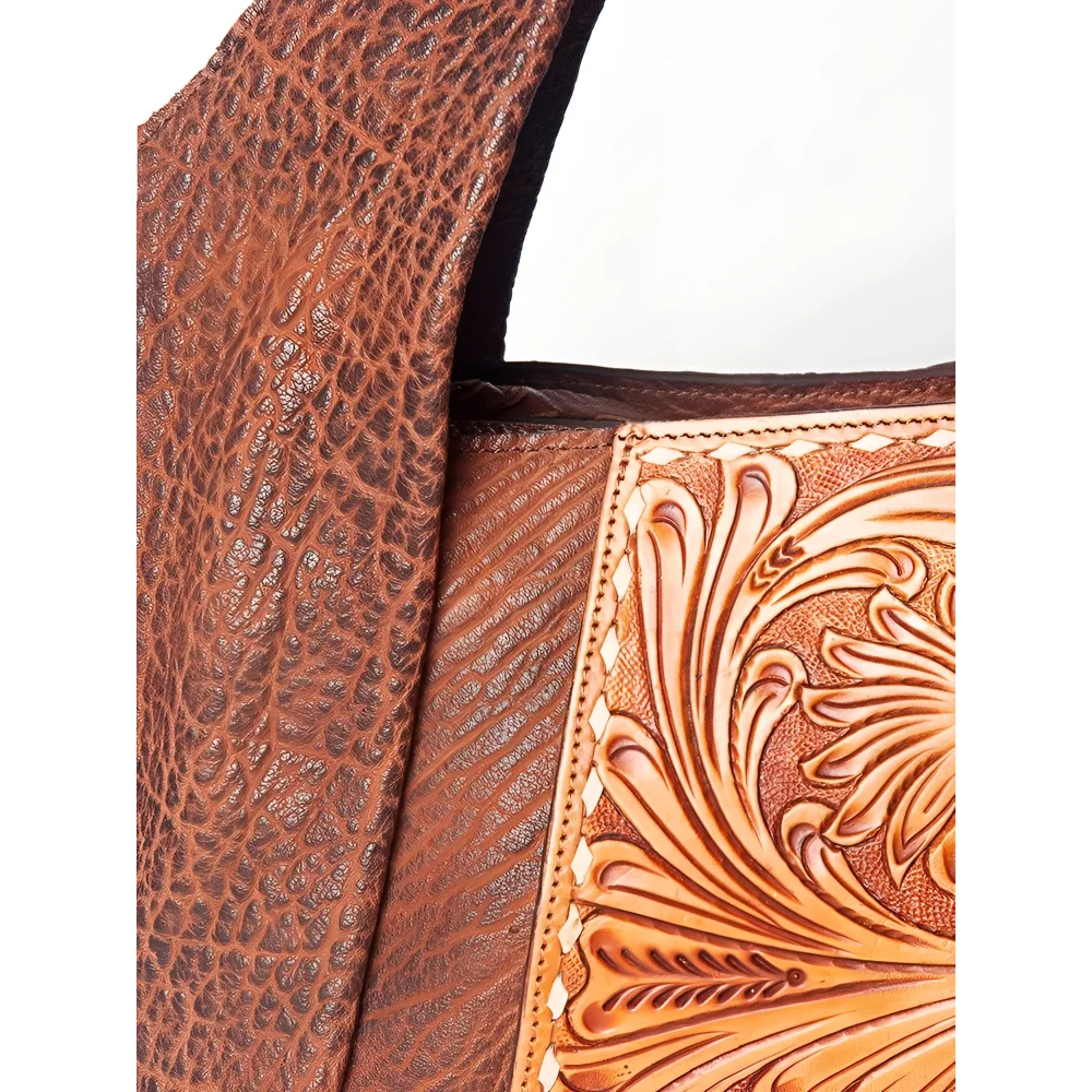 Genuine leather brown handbag with floral embossed design, Angus Oliver Canada