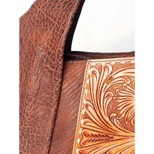 Genuine leather brown handbag with floral embossed design, Angus Oliver Canada