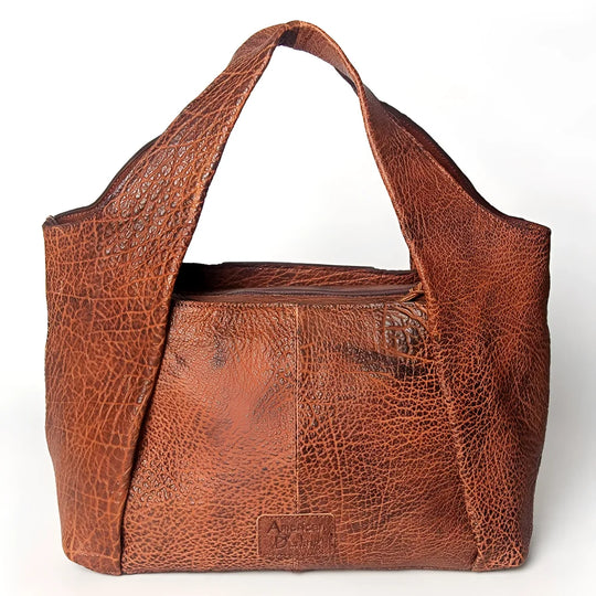 Brown genuine leather tote bag with embossed logo, Angus Oliver Canada