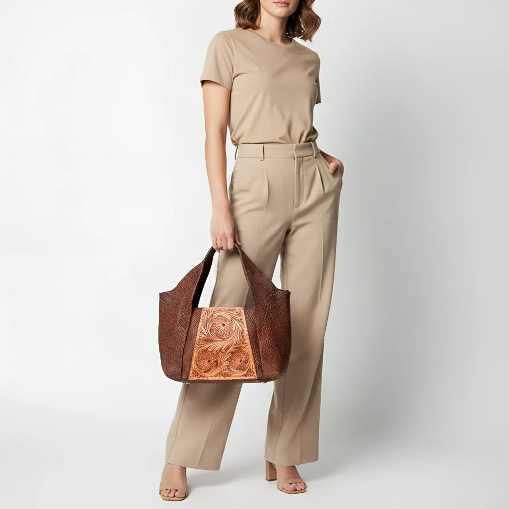 Genuine leather brown tote bag with orange-brown floral tooling, LC-ADBGZ459A Angus Oliver Canada