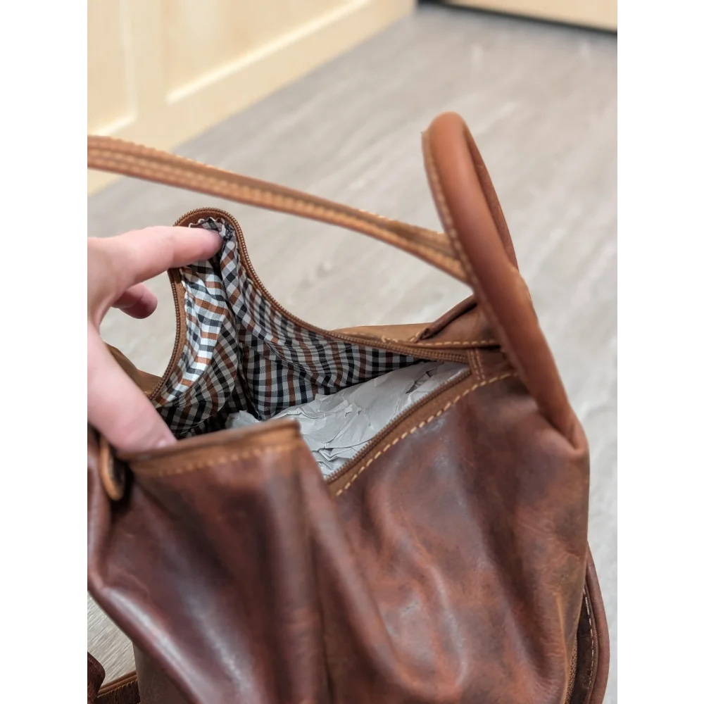 Brown leather shoulder bag GW006B best seller with checkered lining