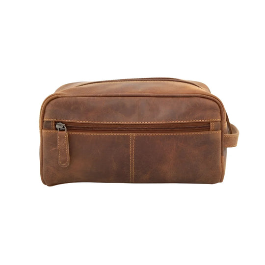 Spacious Leather Banff toiletry bag in brown wax pull-up leather