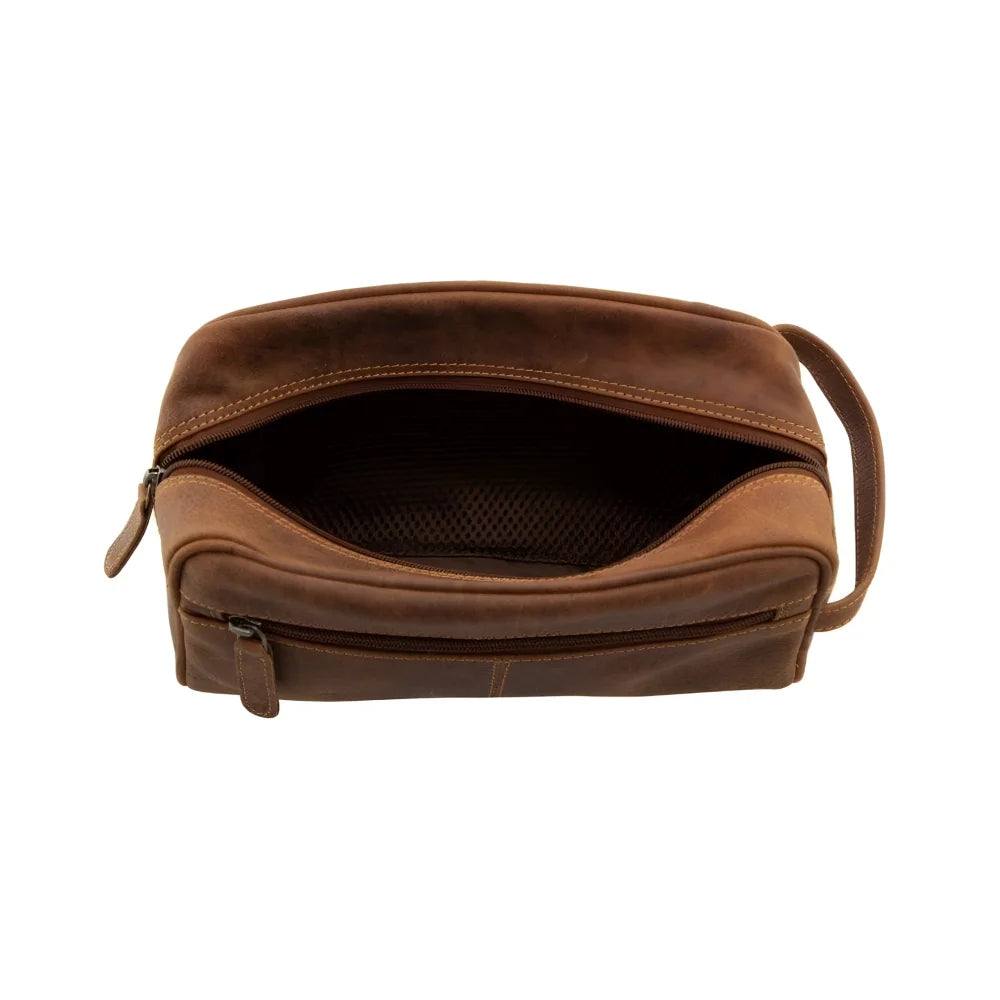 Leather Banff toiletry bag in brown wax pull-up leather with textured interior
