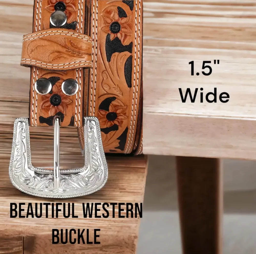Leather belt with 1.5 inch tan leather featuring floral tooling black accents and silver western buckle