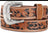 Brown leather belt with intricate floral tooling black contrast stitching and silver-toned buckle with scrollwork details