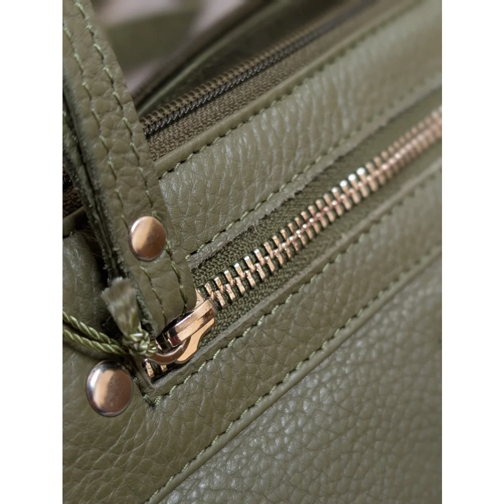 Olive green textured leather crossbody bag with gold zipper