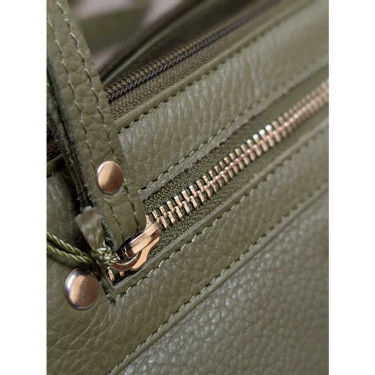 Olive green textured leather crossbody bag with gold zipper