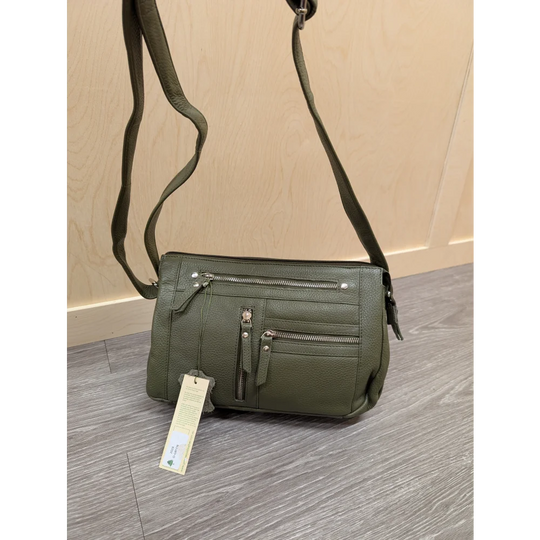 Olive green textured leather crossbody bag with zippers