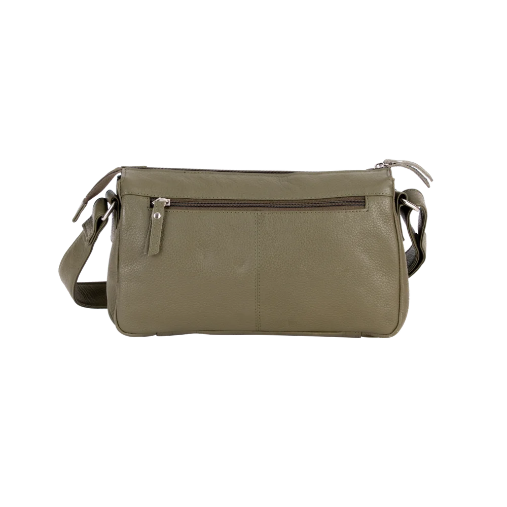 Olive green leather crossbody bag with front zipper pocket