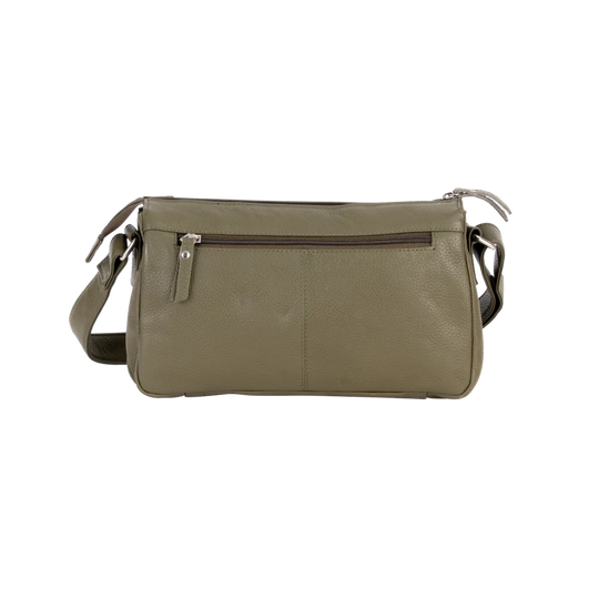 Olive green leather crossbody bag with front zipper pocket