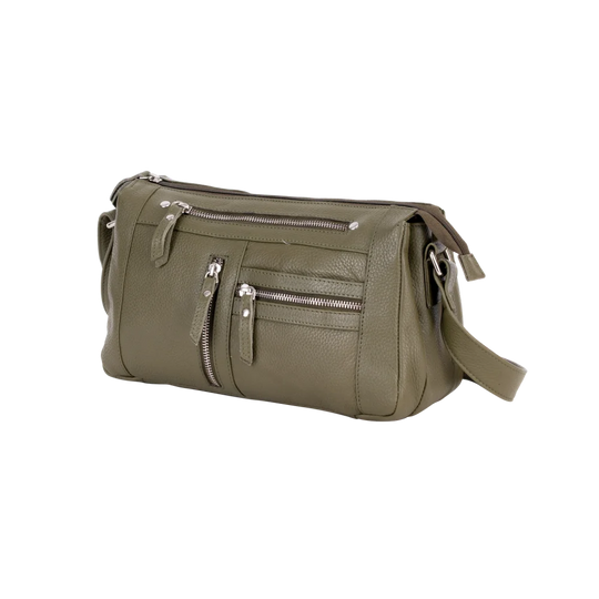 Olive green leather crossbody bag with zippers and adjustable strap