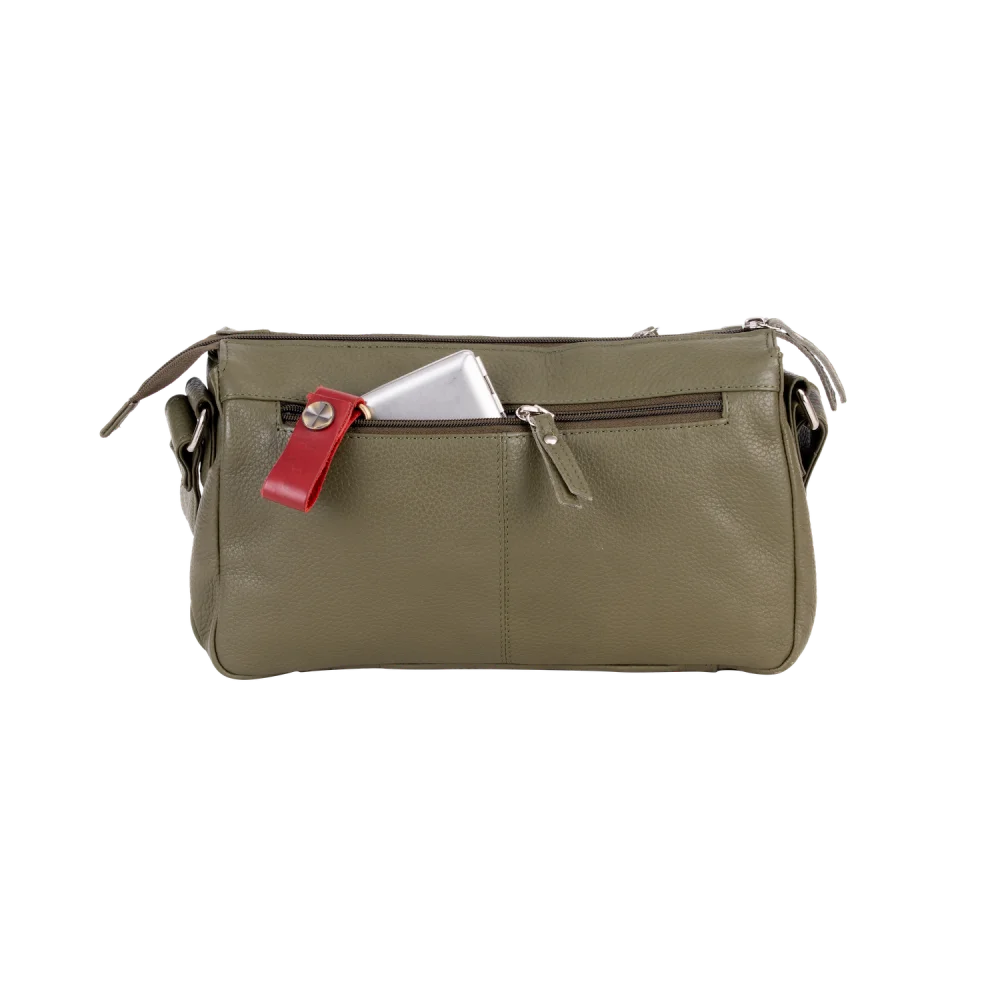 Olive green leather crossbody bag with red zipper and silver hardware